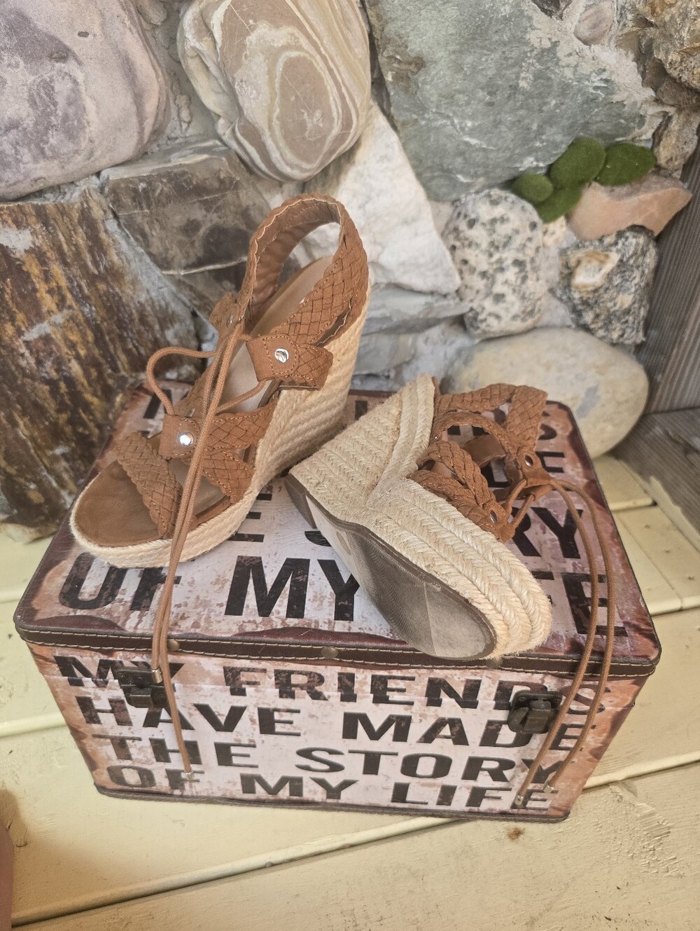 Tan Braided Leather Lace-Up Espadrille Wedges - Picture 2 of 5